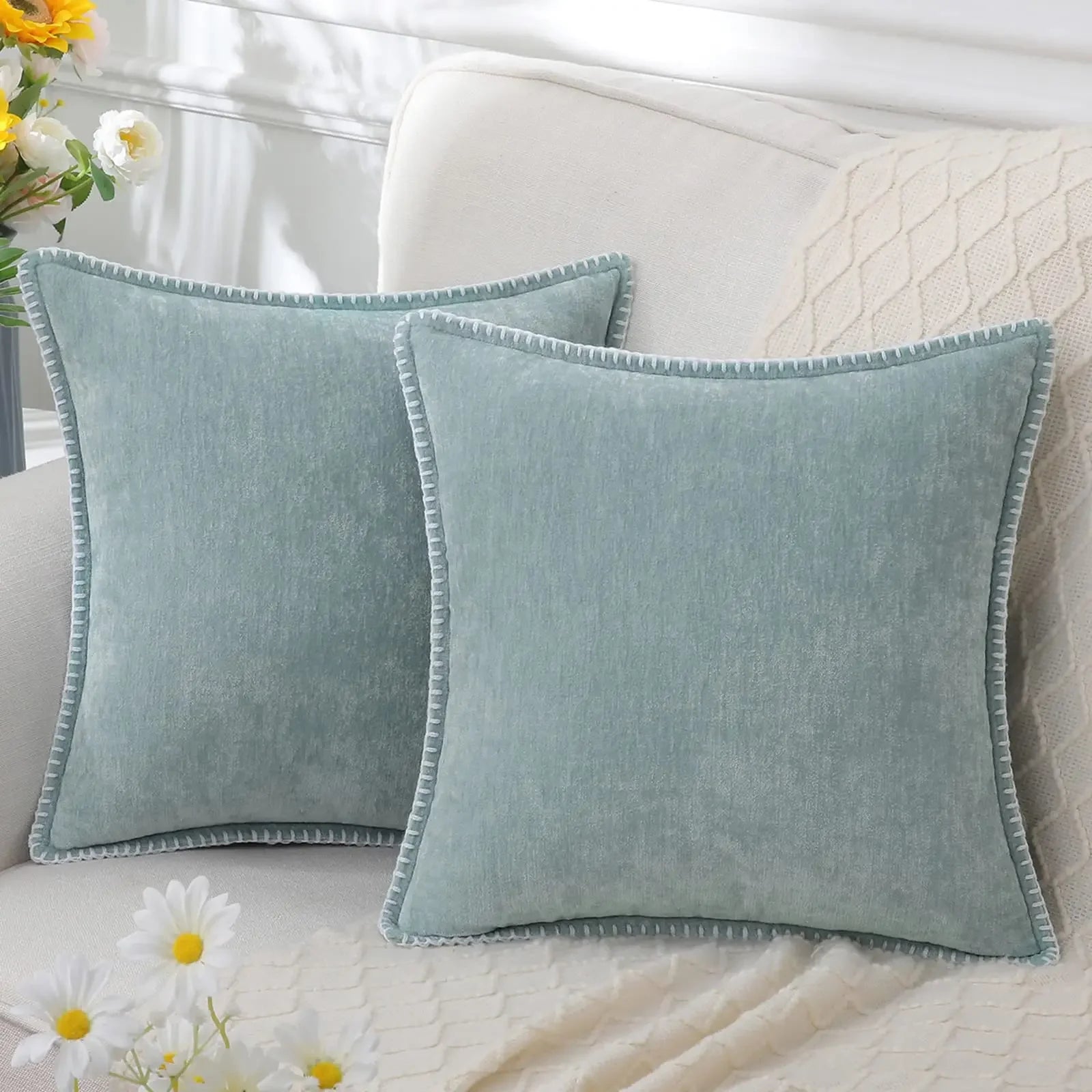 Blue Chenille Pillow Cover